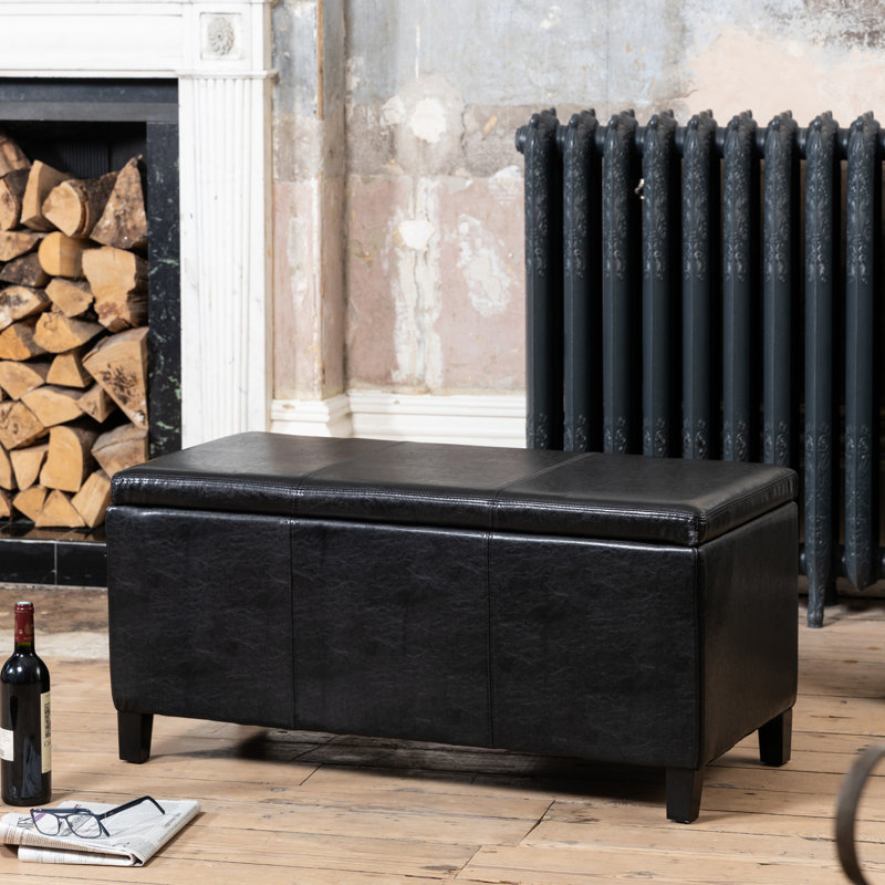Ambrosino 98cm Wide Faux Leather Rectangle Solid Colour Standard Ottoman with Storage, Black