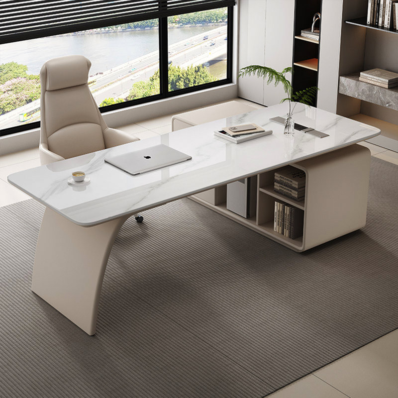 Bureau de direction moderne en forme de L en pierre blanche frittée, H 29,53 po x l 47,24 po x P 27,56 po