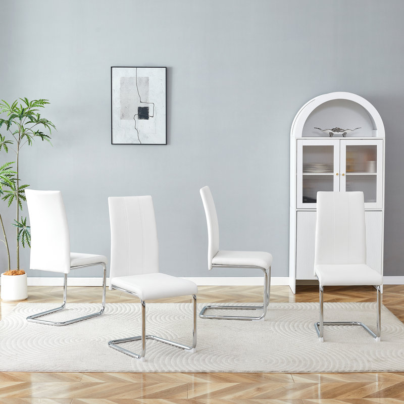 Modern White Pu Dining Chairs, Chrome Metal Legs For Kitchen & Home