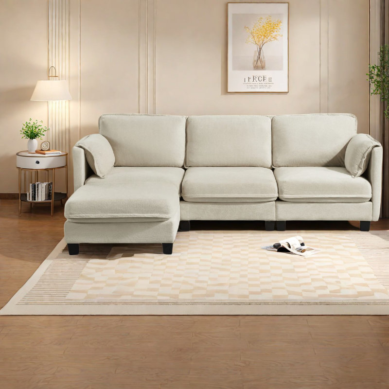 Canapé spacieux en forme de L, tissu en coton et lin, design moderne pour le bureau à domicile