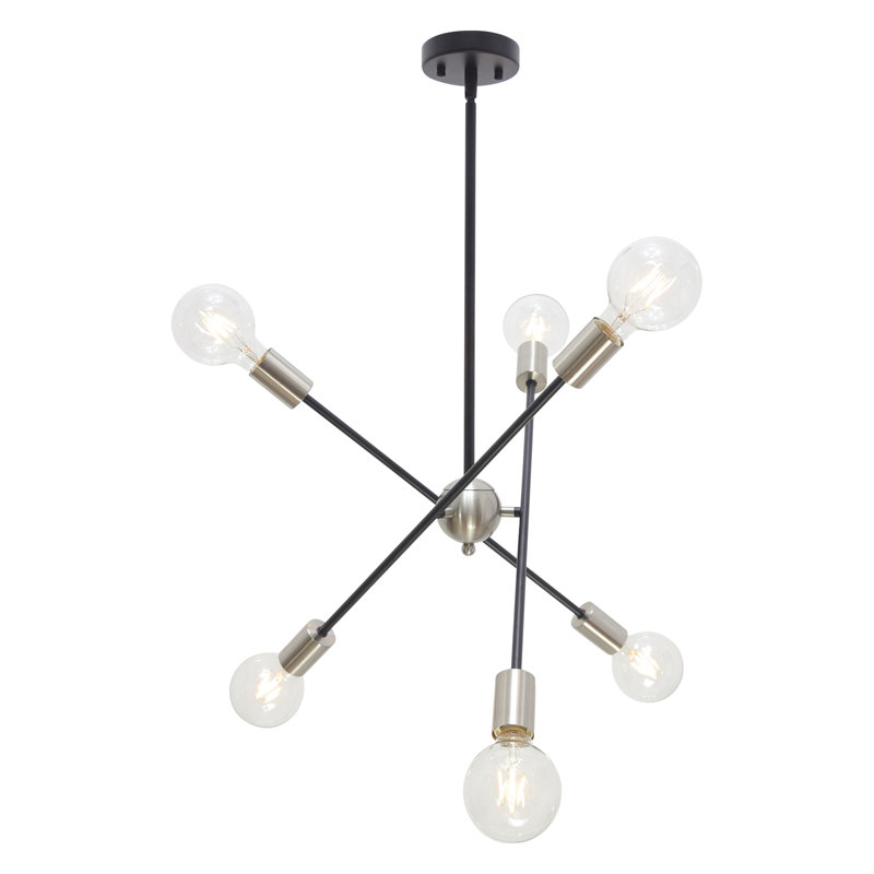 Luminaire suspendu en nickel brossé 6 lumières Yonker Spoutnik, Noir / Nickel brossé