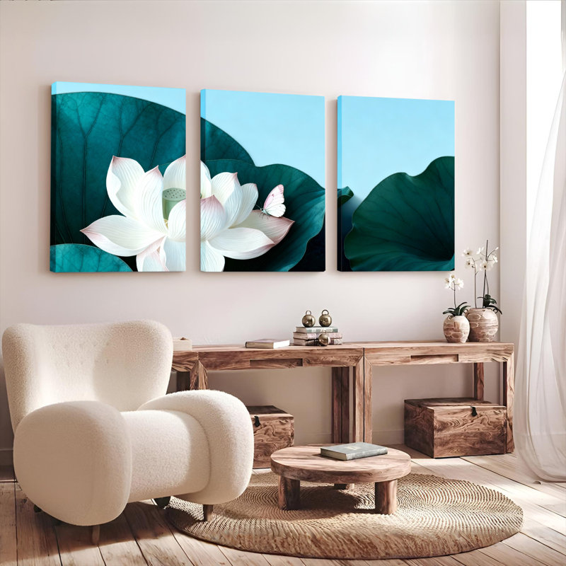 Ensemble de 3 tableaux sur toile tendue représentant des fleurs de lotus blanches et des papillons, pour la décoration du salon et de la chambre à coucher.