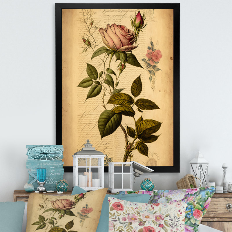 Art victorien rétro rose sur toile rose, H 20 po x l 12 po x P 1 po, Cadre photo noir