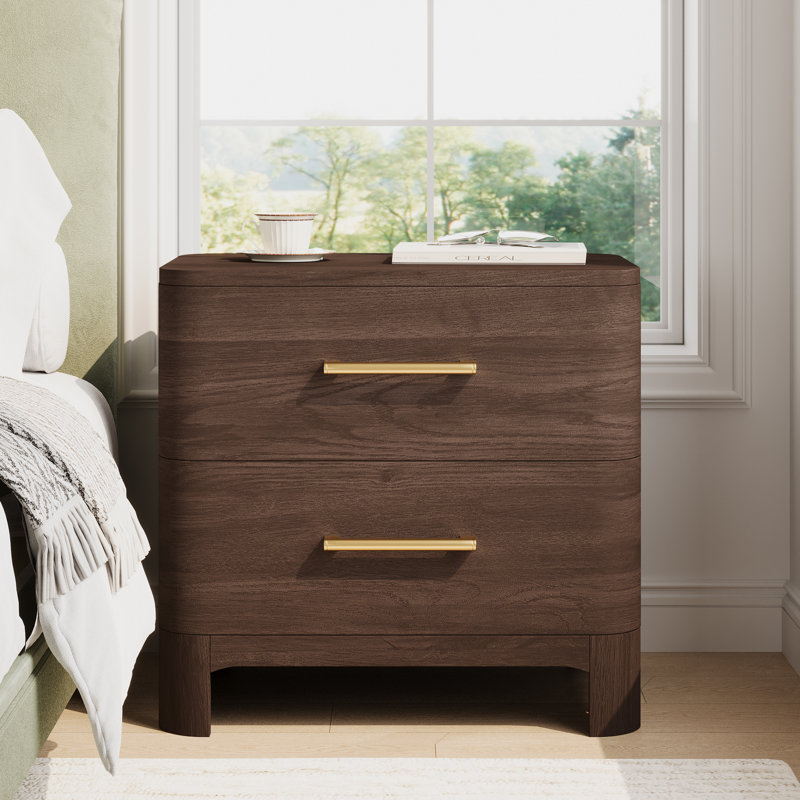 Aurelius Modern 2-Drawer Nightstand with Rounded Corners & Metal Handles, Brown Oak