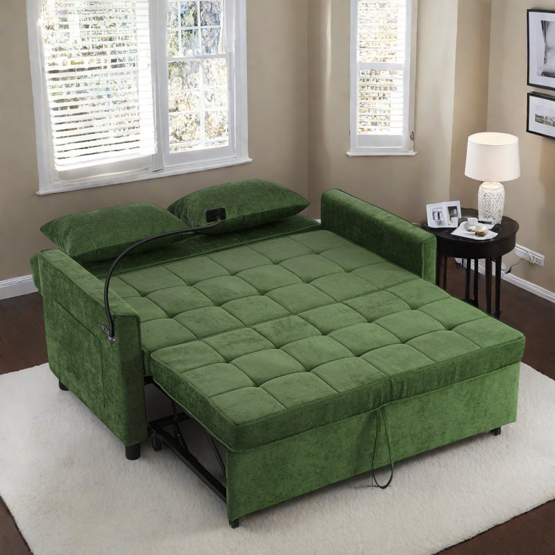Pull-Out Sleeper Sofa Bed With USB Ports, Green