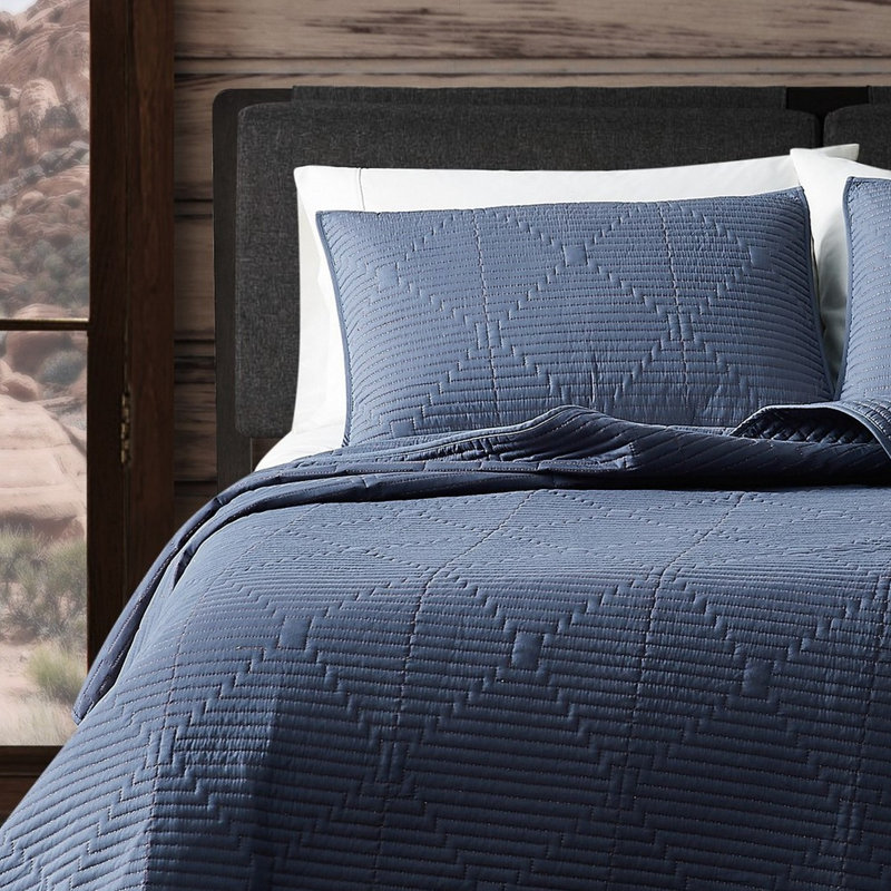 Navy Blue Cotton Geometric Full Quilt Set