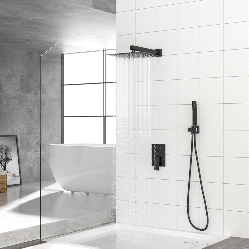 12 Inch Square Wall Mounted Dual Shower Head Matte Black System, - Balanced Scald, Rainfall With 360 Adjustability, Handheld For Different Preferences Function Valve, Ultra Thin Head, Swivel, And