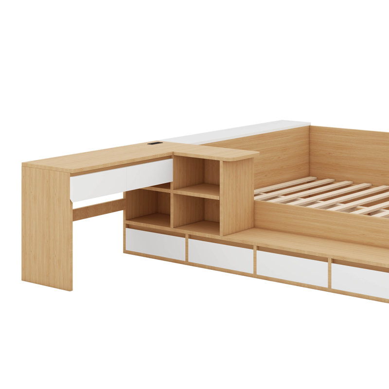 Lit plateforme double avec tiroirs et table, Naturel
