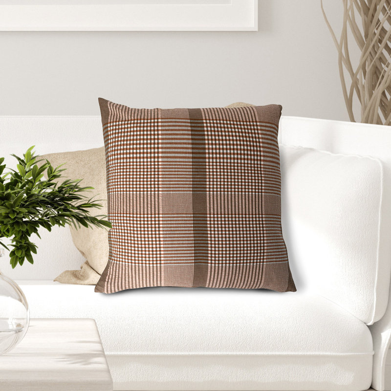 Brown and Cream Plaid Woven Cotton Square Pillow