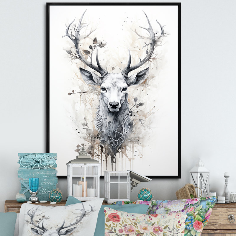 Portrait de cerf noir et blanc sur toile, Cadre flottant noir, H 40 po x l 30 po x P 1,5 po