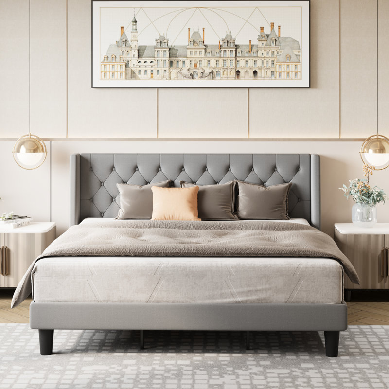 Hilbert Upholstered Low Profile Platform Bed Frame with Headboard, King, Light Gray