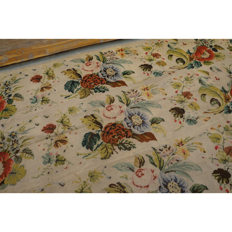 Antique Ivory European Floral Pattern English Victorian Needlepoint Carpet