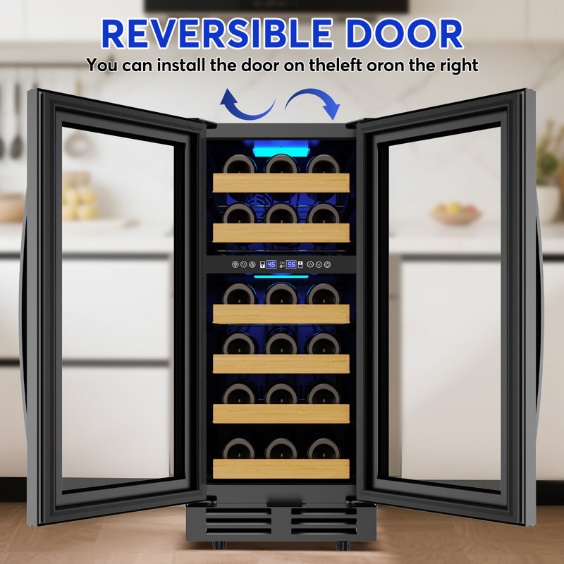 15" Dual Zone Wine Cooler – 30-Bottle Premium Refrigerator with Reversible Door & Handles, Built-In or Freestanding