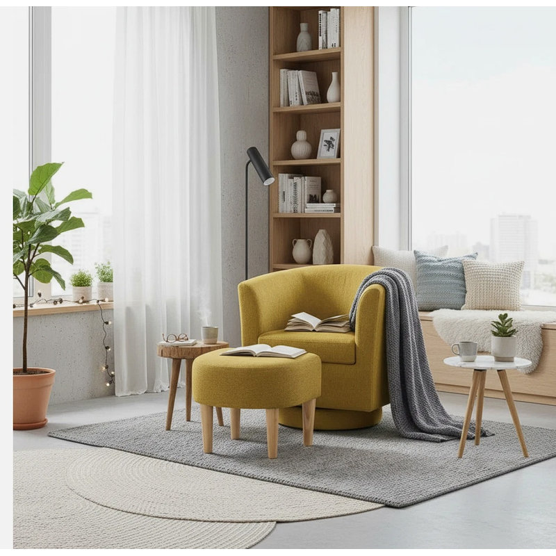 Fauteuil demi-tonneau pivotant avec repose-pieds Sharolynn, Lin jaune