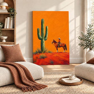 Modern Retro Southwest Cowboy and Giant Cactus Canvas Wall Art