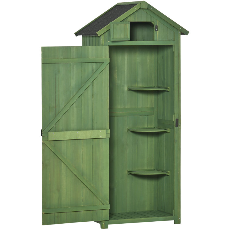Outsunny Small Shed, Tall Slim Wooden Garden Shed with 3 Removable Shelves and Roof Hatch, Compact Outdoor Tool Storage Cabinet with Asphalt Roof and Door Latch, 77 x 54.2 x 179 cm, Green