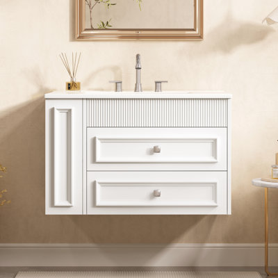 Meuble-lavabo mural 30 po, armoire de rangement flottante avec 2 tiroirs, lavabo simple en céramique à 3 trous, armoire moderne.