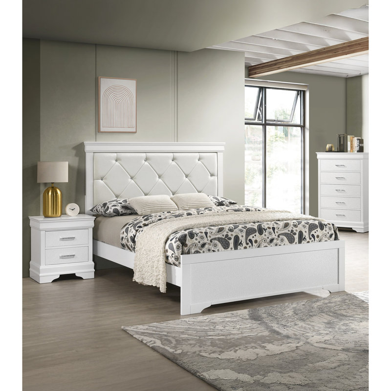 Table de chevet blanche moderne à 2 tiroirs - Bois massif, finition texturée et ornement en forme de diamant pour le style de chambre 2 blanc, aspect bois