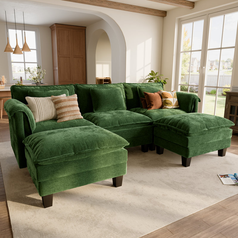 Canapé modulaire en U 150 po, Chenille verte, H 34,1 po x l 150,4 po x P 55,3 po