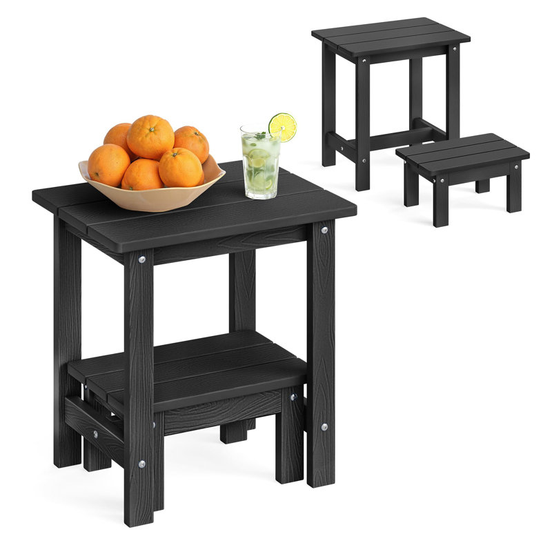 Ensemble de tables d'appoint d'extérieur à 2 niveaux, table de bout de patio HDPS avec repose-pieds amovible, table d'appoint résistante aux intempéries pour piscine, terrasse, jardin, noir