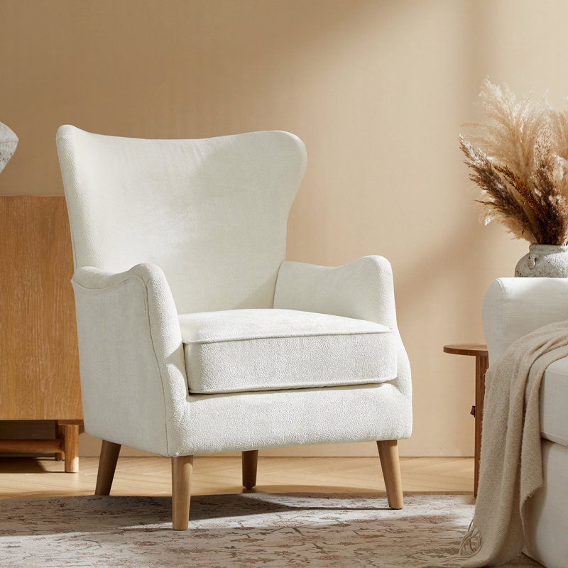 Caden 28.5" Modern Boucle Wingback Armchair With Solid Wood Legs, White Polyester