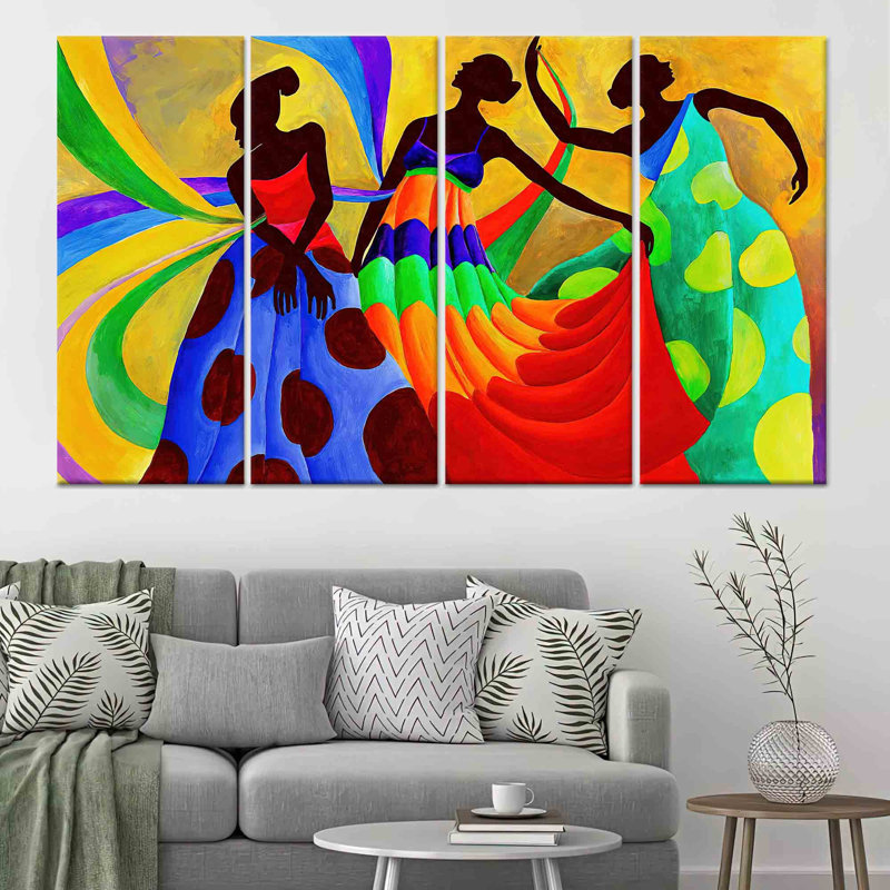 «Vibrant African Dancers», art mural moderne, toile tendue 4P, H: 55,1 po x l: 78,7 po