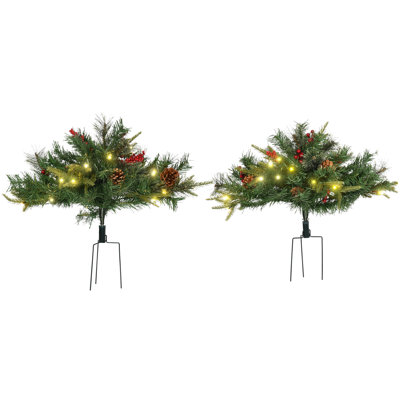 2 Ft/22 Inch 2 Pack Prelit Artificial Christmas Tree Cordless With 69 Branches, Warm White LED Lights, Red Berries, Pine Cones, For Outdoor Entryway, Green