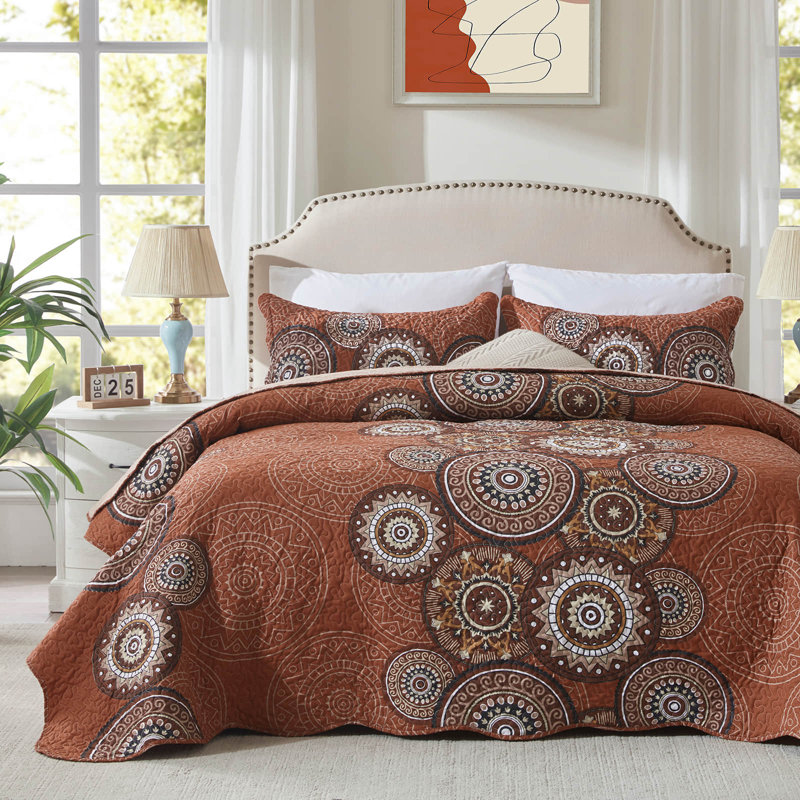 Ensemble de courtepointe 3 pièces - couvre-lit léger en microfibre et 2 taies décoratives, motif Mandala Boho, surdimensionné 98 x 106 pouces, couvre-lit toutes saisons