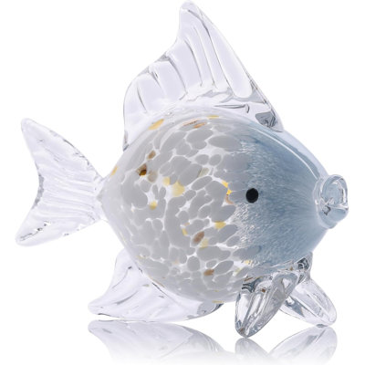 Blue White Hand Blown Glass Fish Sculpture