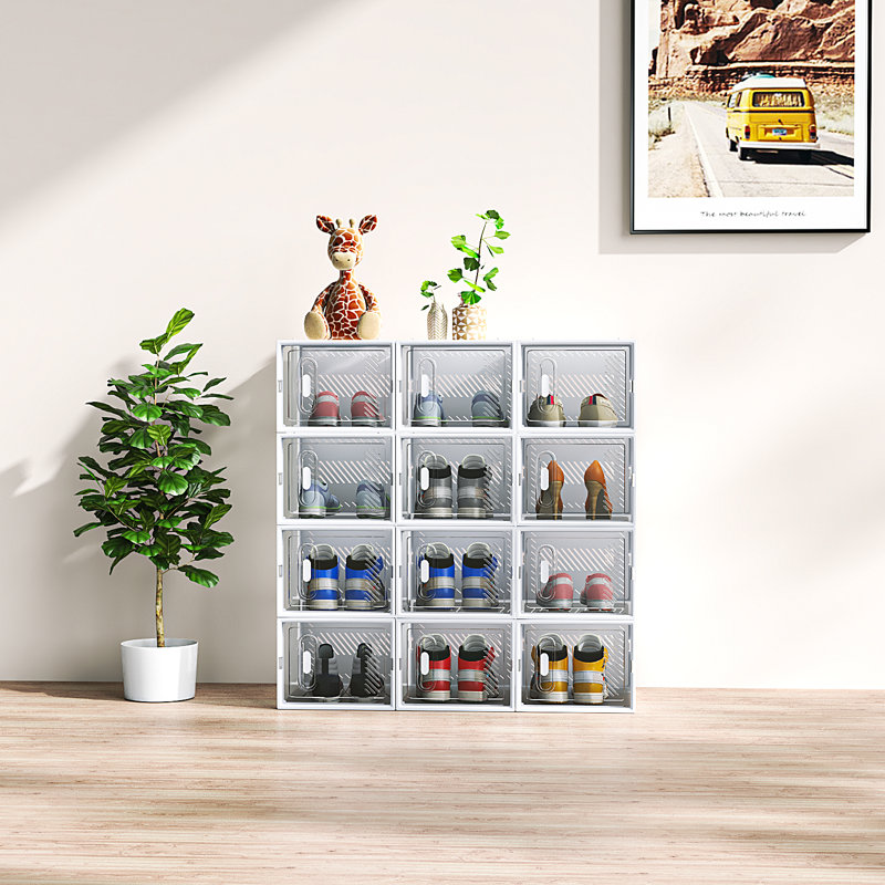 Medium Shoe Storage Box Organizers Stackable (Set Of 12), Clear/White