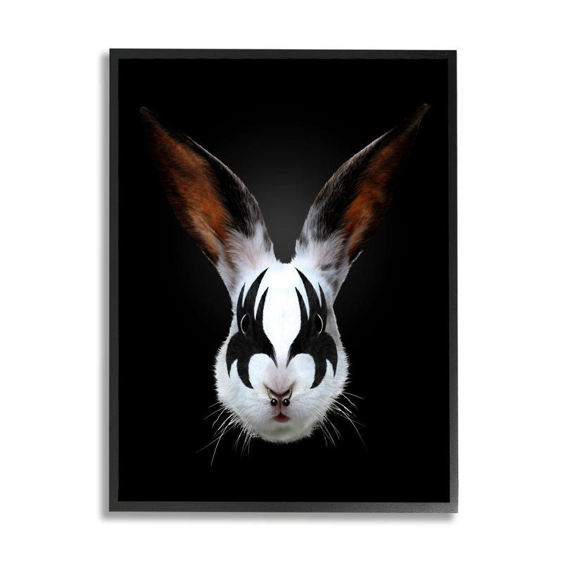 Tête de maquillage lapin abstrait sur fond noir par Robert Farkas, L 24 po x H 30 po, Giclée encadrée noir minuit