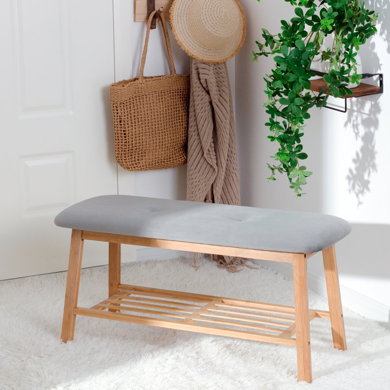 Banc à chaussures rembourré 35,6 po avec tablette de rangement pour le vestibule, coussin en velours gris, Gris moyen