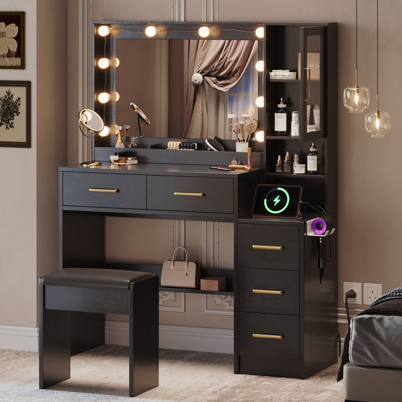 Ensemble de meuble-lavabo 35 po avec miroir à DEL, station de charge USB, rangement à 5 tiroirs, meuble-lavabo noir avec tabouret pour la chambre à coucher