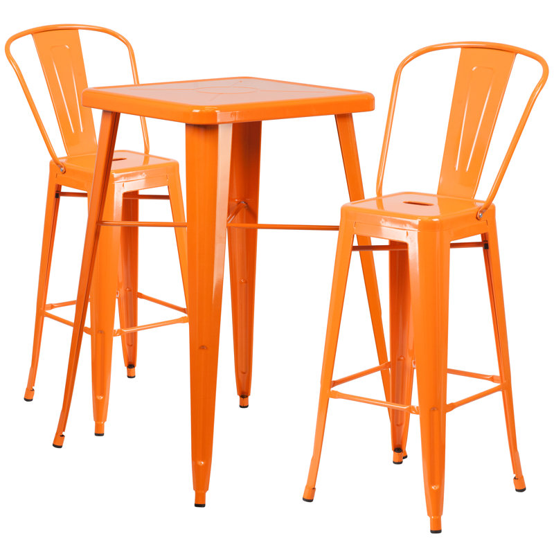 Toquerville Square Metal Indoor-Outdoor Bar Table Set with 2 Stools with Backs, Orange