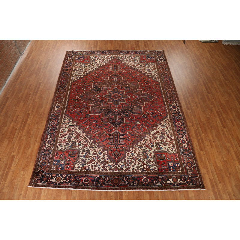 Tapis rouge perse rouge à motif géométrique Heriz noué à la main 10 x 13