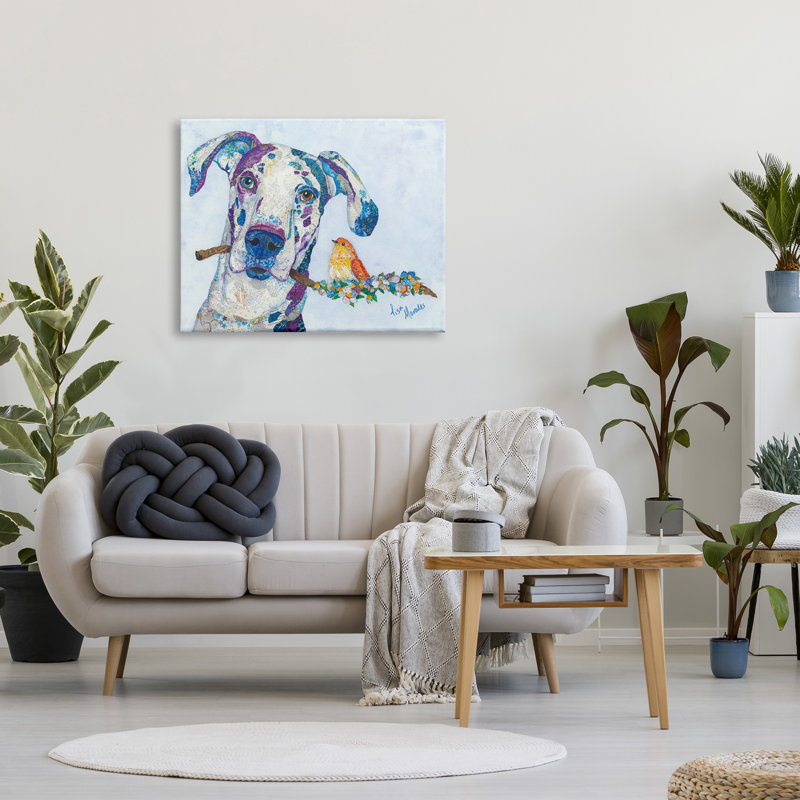 "Dane and Songbird" perché sur une branche de chien par Lisa Morales - peinture sur toile tendue, Toile tendue