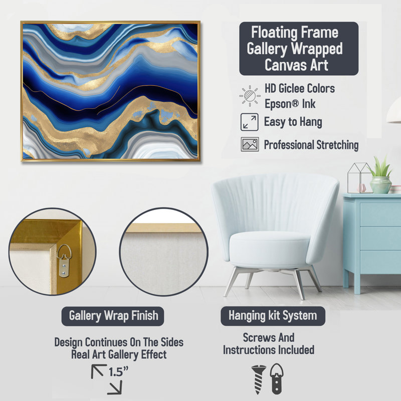 «Blue and Yellow Fluid Harmony», ensemble de 2 décorations murales, H 28 po x l 25 po, Cadre flottant noir