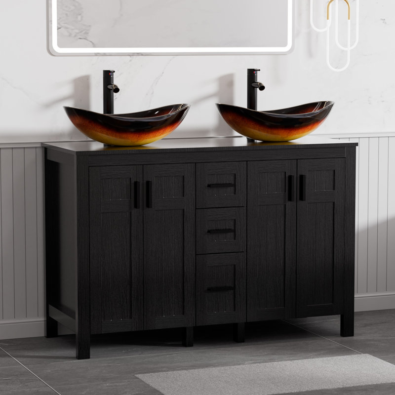 Marcela Freestanding Standard Free Standing Single Double Vanity Bathroom Vanity With Glass Top, Blanc