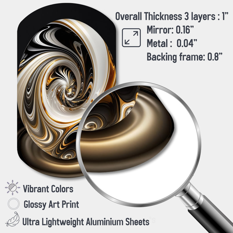 Or et noir vitrail spirale II - cylindre abstrait spirales, art mural en métal, H 43 po x l 23 po x P 1 po