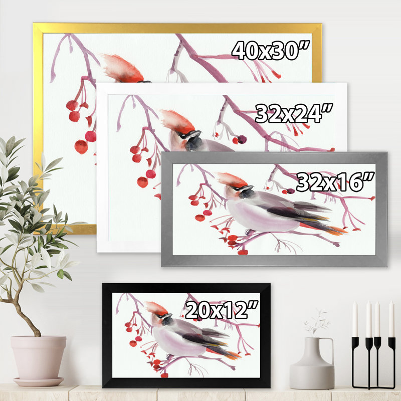 " Waxwing Bird On A Branch " Painting Print, Silver Picture Frame, 30" H x 40" W x 1.5" D