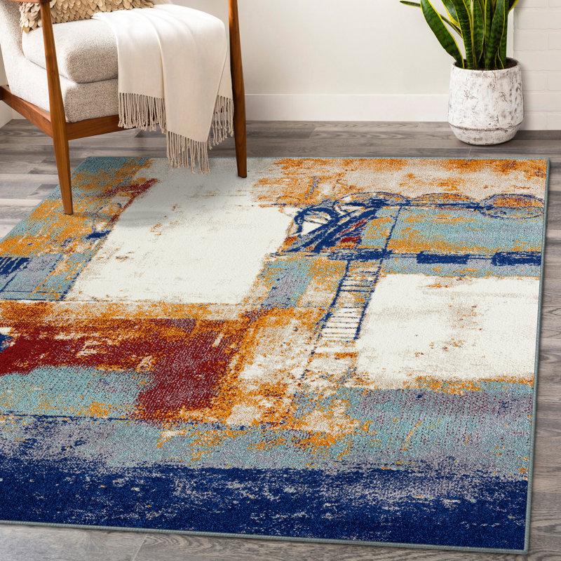Tapis bleu / jaune à motif abstrait Bellicent, Rectangle 8 pi x 10 pi