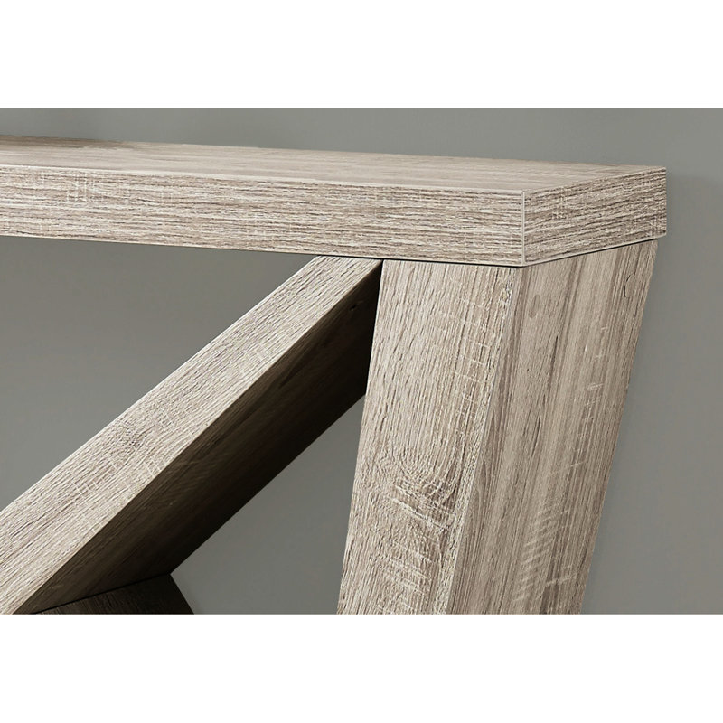 Console en stratifié taupe pour le salon - base asymétrique, pieds robustes, entrée de table étroite de style moderne,