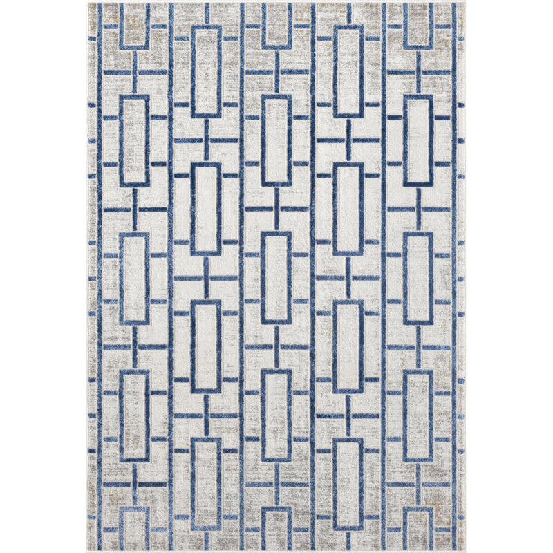Tapis rectangulaire gris / bleu en polypropylène tissé à la machine Morejon, Rectangle 4 pi x 6 pi