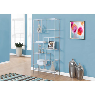 Contemporary Bookshelf With Clear Glass, Grey Metal, For Home Decor Modern Bookcase Tempered Glass Shelves, Living Room