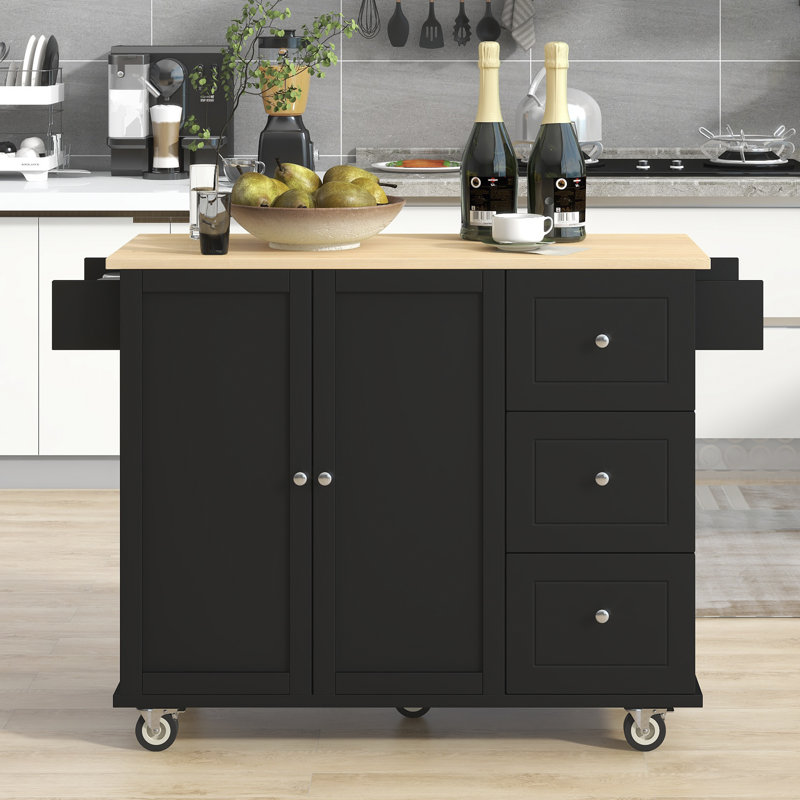 Solid Wood Top Kitchen Island, Black