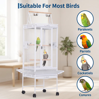 Cage à oiseaux roulante en métal de 156 cm de hauteur avec plateau de jeu et support - Volière intérieure / extérieure pour perruches, perroquets, cacahuètes et conures - comprend des perchoirs, 2 bols en acier inoxydable et un plateau amovible