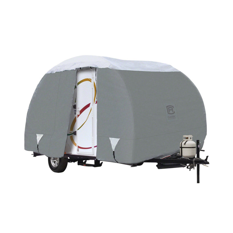 Gray and White PolyPRO3 Travel Trailer Cover with Storage Bag