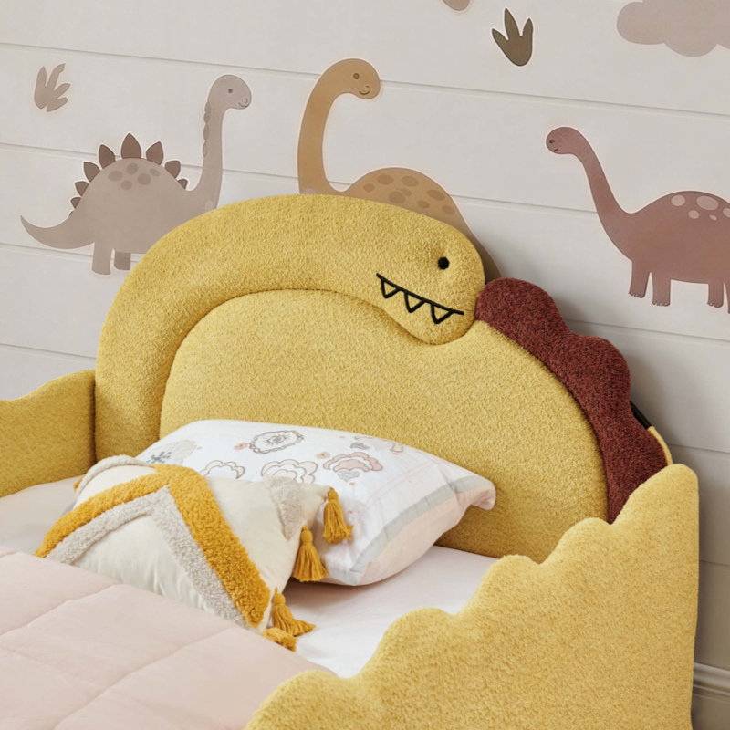 Lit mignon en forme de dinosaure avec barrière de sécurité, cadre de lit en bois massif pour chambre à coucher, tissu bouclé