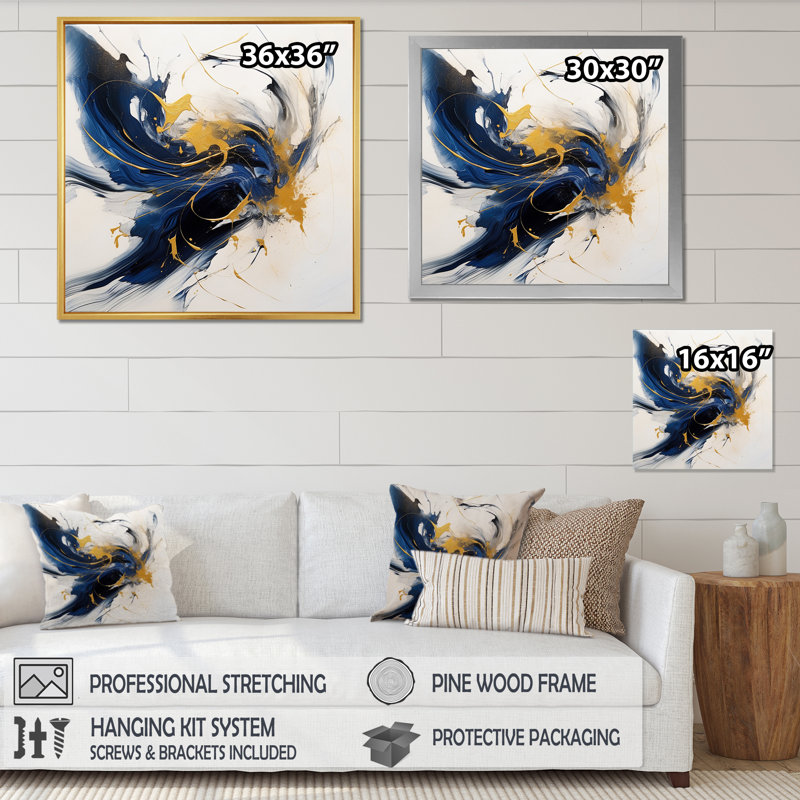 Bleu foncé et coups dorés VII - impression, Cadre simple noir, H 24 po x l 24 po x P 1 po