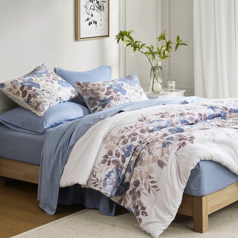 Édredon très grand lit avec draps à motif floral bleu, profondeur de matelas de 16 po, microfibre douce, imprimé lavable à la machine, très grand, ajustement, draps